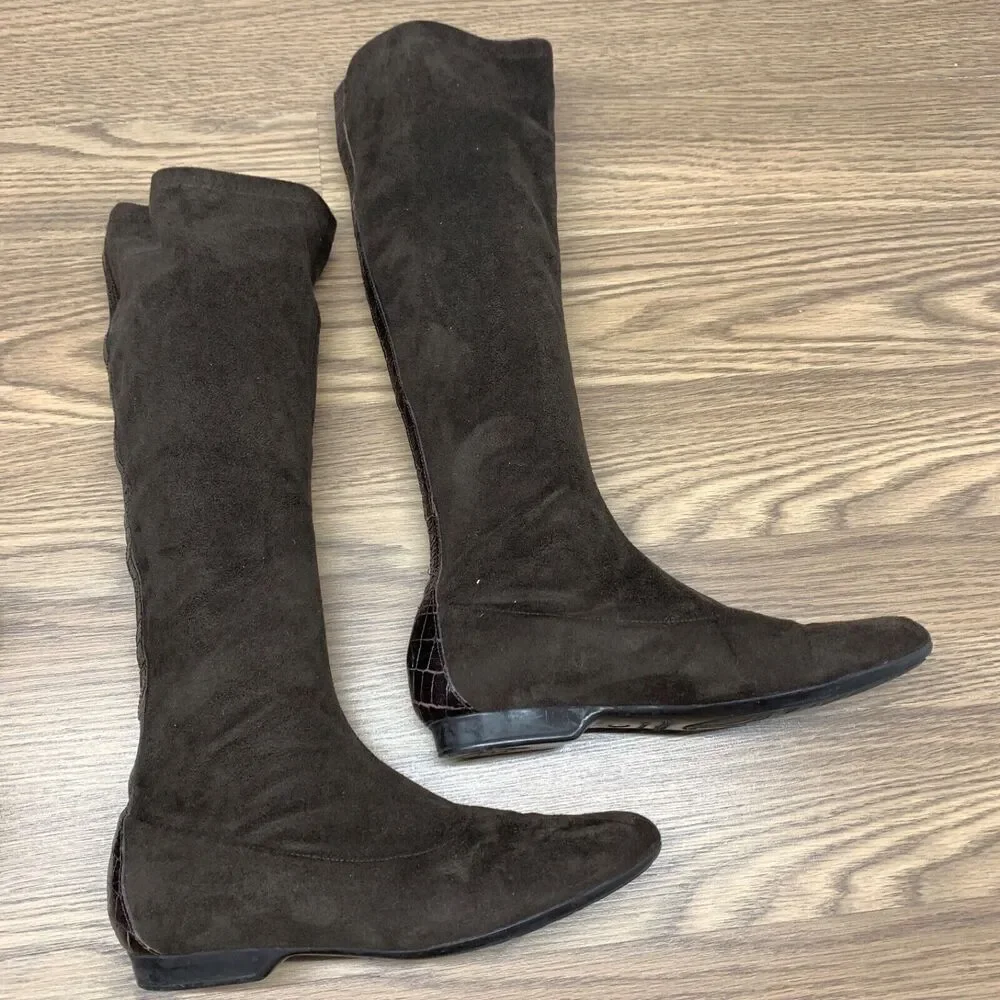 Donald J Pliner Sock‎ Boots Shoes Womens Size 7.5 N Brown Fabric Croc Leather